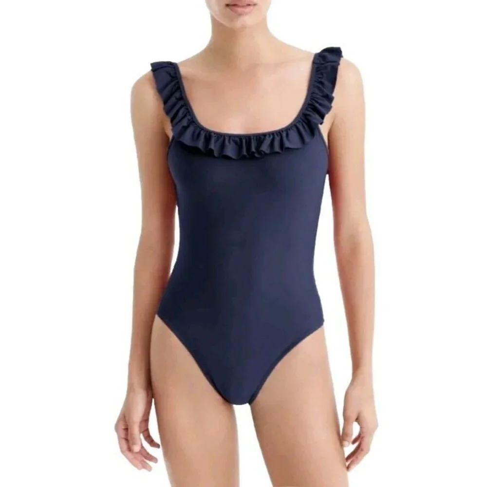 J CREW sz. 8 Navy Blue Ruffle Scoop Back One Piece Swimsuit Pool Cruise Vacation